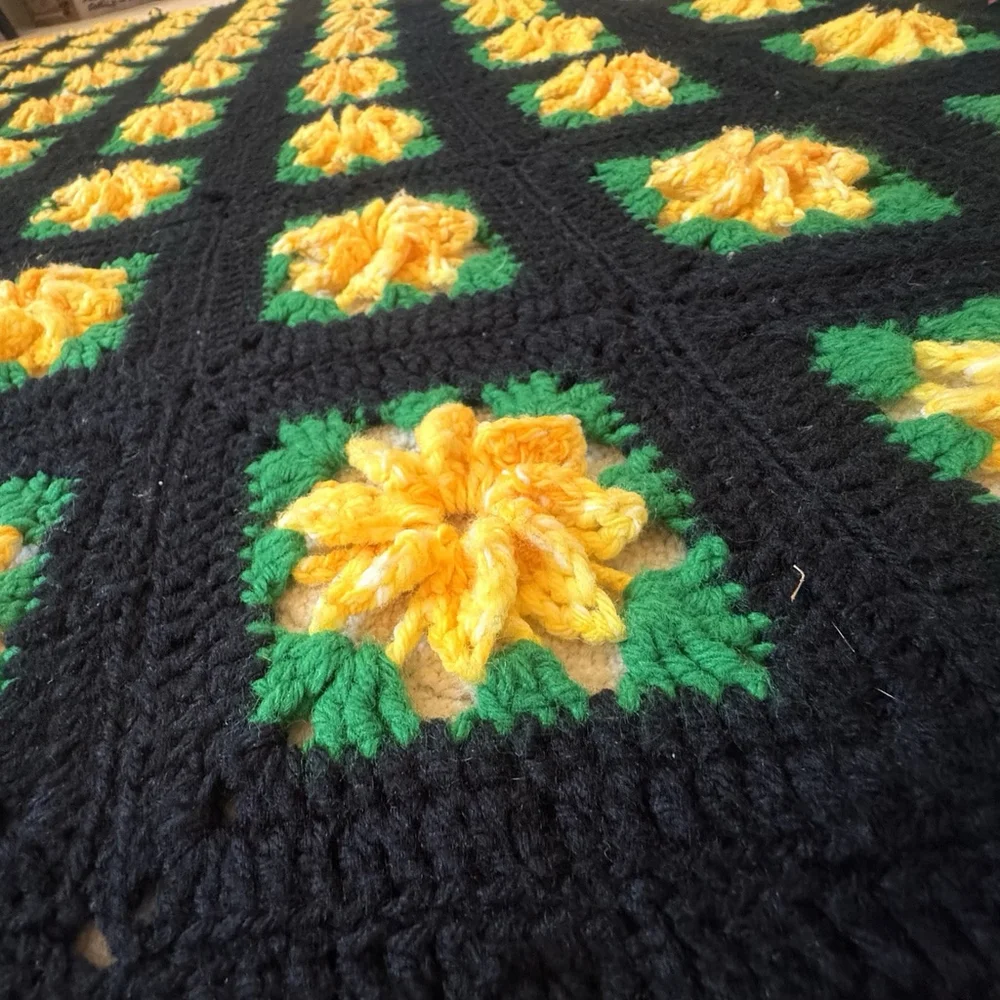 Vtg Handmade Crochet Afghan 3D Flowers Throw Lap Blanket 68” X 53” Yellow/black